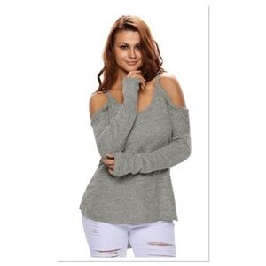Gray Cold Shoulder Long Sleeve Knit Top NWT Soft Stretch Casual Pullover